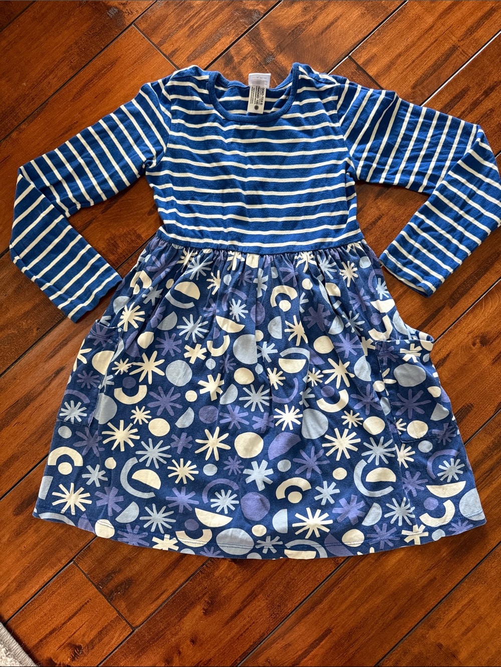 Blue Striped and Patterned Long Sleeve Girl's Dress